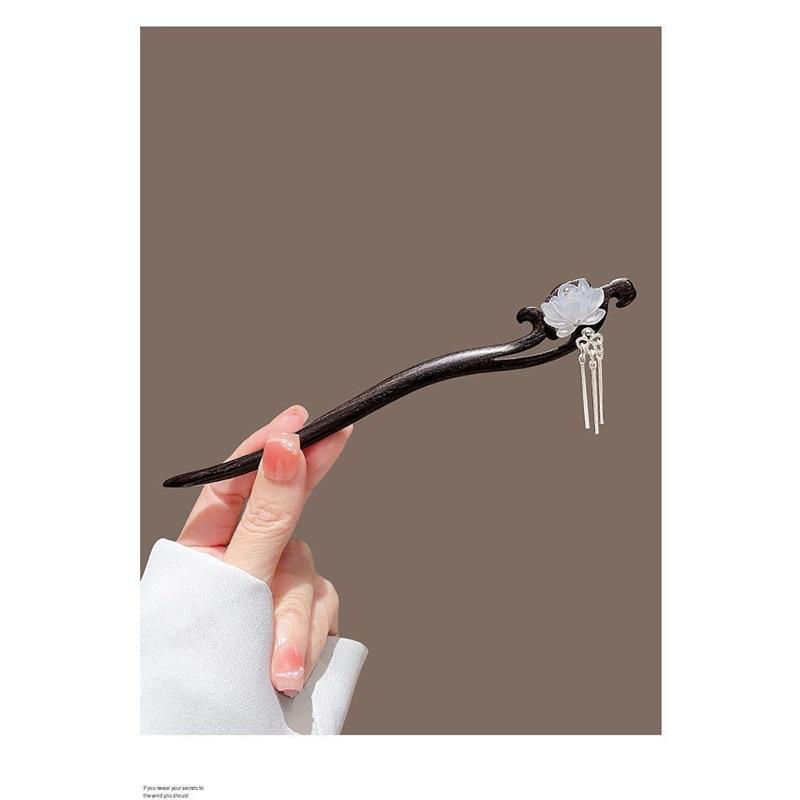 New Chinese Style Elegant Lotus Tassel Black Wood Hairpin Retro Hair Stick Back Head Updo Hair Accessory for Horse Face Skirt Daily Wear