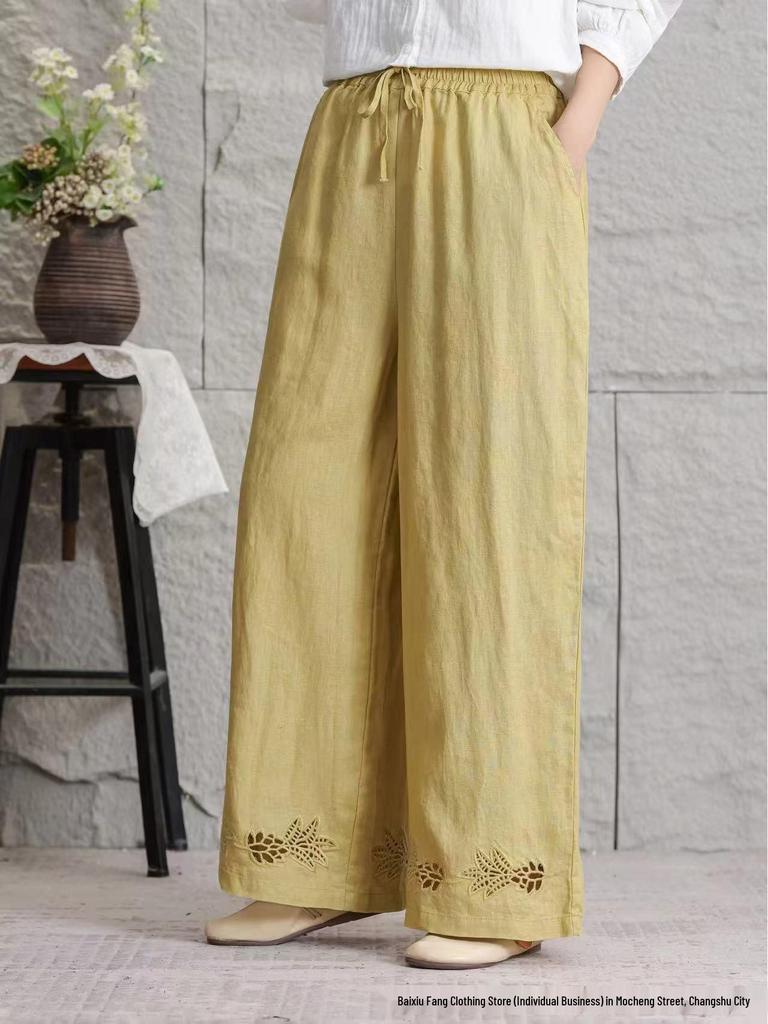 2026 Women's Summer Linen Wide-Leg Straight-Leg Slimming Casual Pants - Lightweight, Breathable, Large Size, Simple Fashion