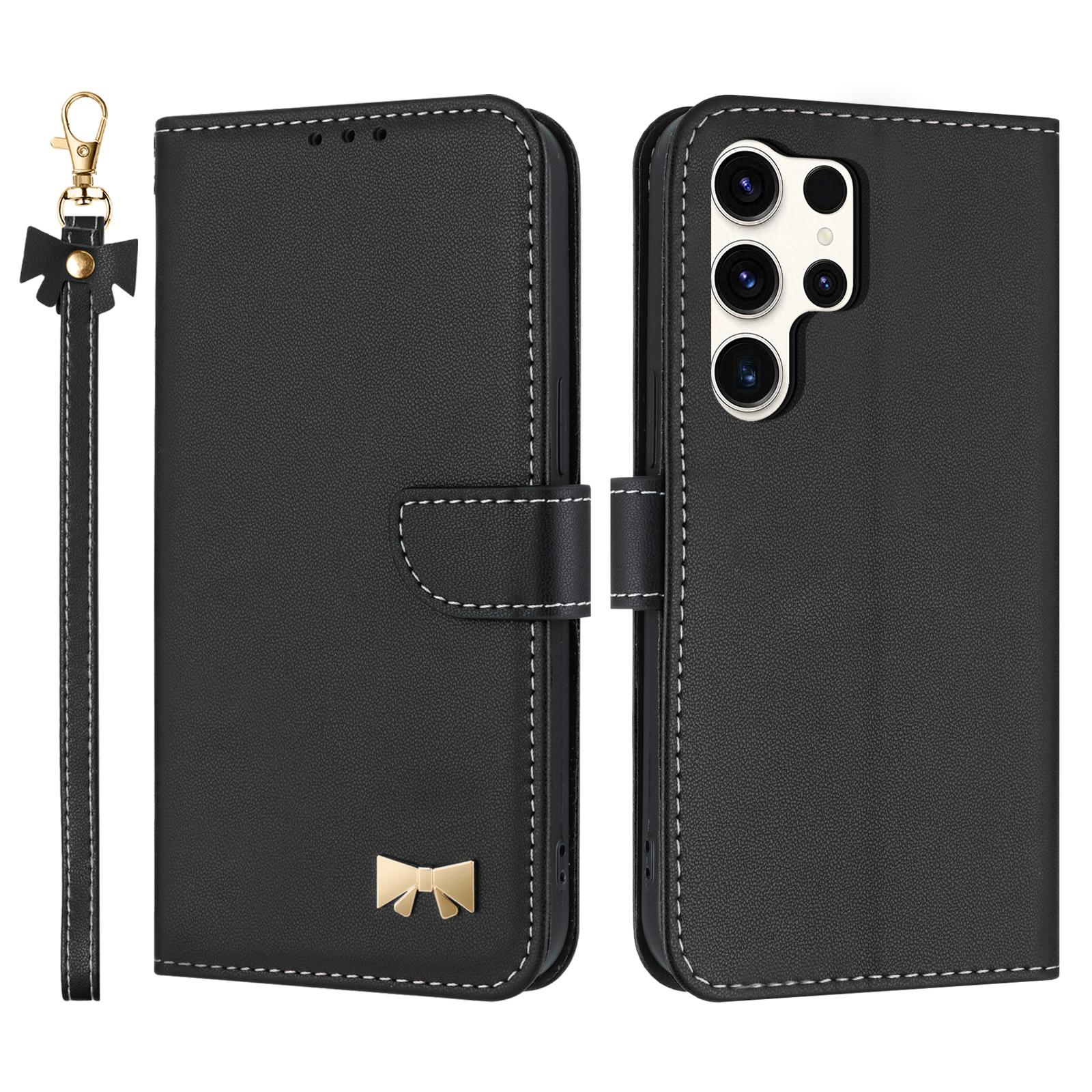 

For Samsung Galaxy S24 Ultra Case Bowknot Decor Wallet Leather Phone Cover with Wrist Strap Black