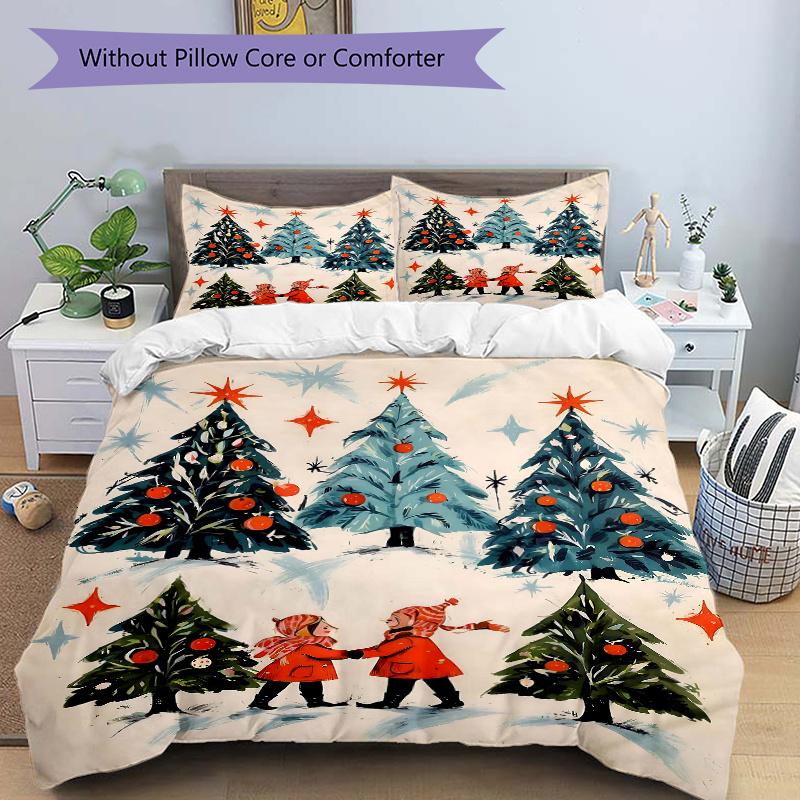 3pcs Christmas Tree in the Snow Bedding Set, 1 Soft Quilt Cover + 2 Pillowcases, Machine Washable, Suitable for All Seasons