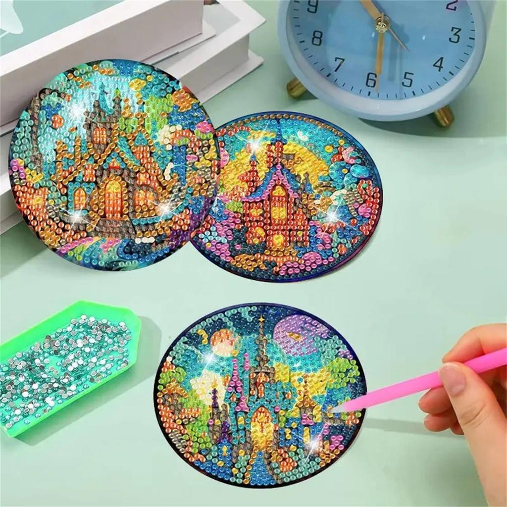 8 kusů/sada podtácků se vzorem diamantového hradu, DIY podtácky s držákem, Vhodné pro začátečníky a dospělé, Dárky pro umělecké a řemeslné potřeby