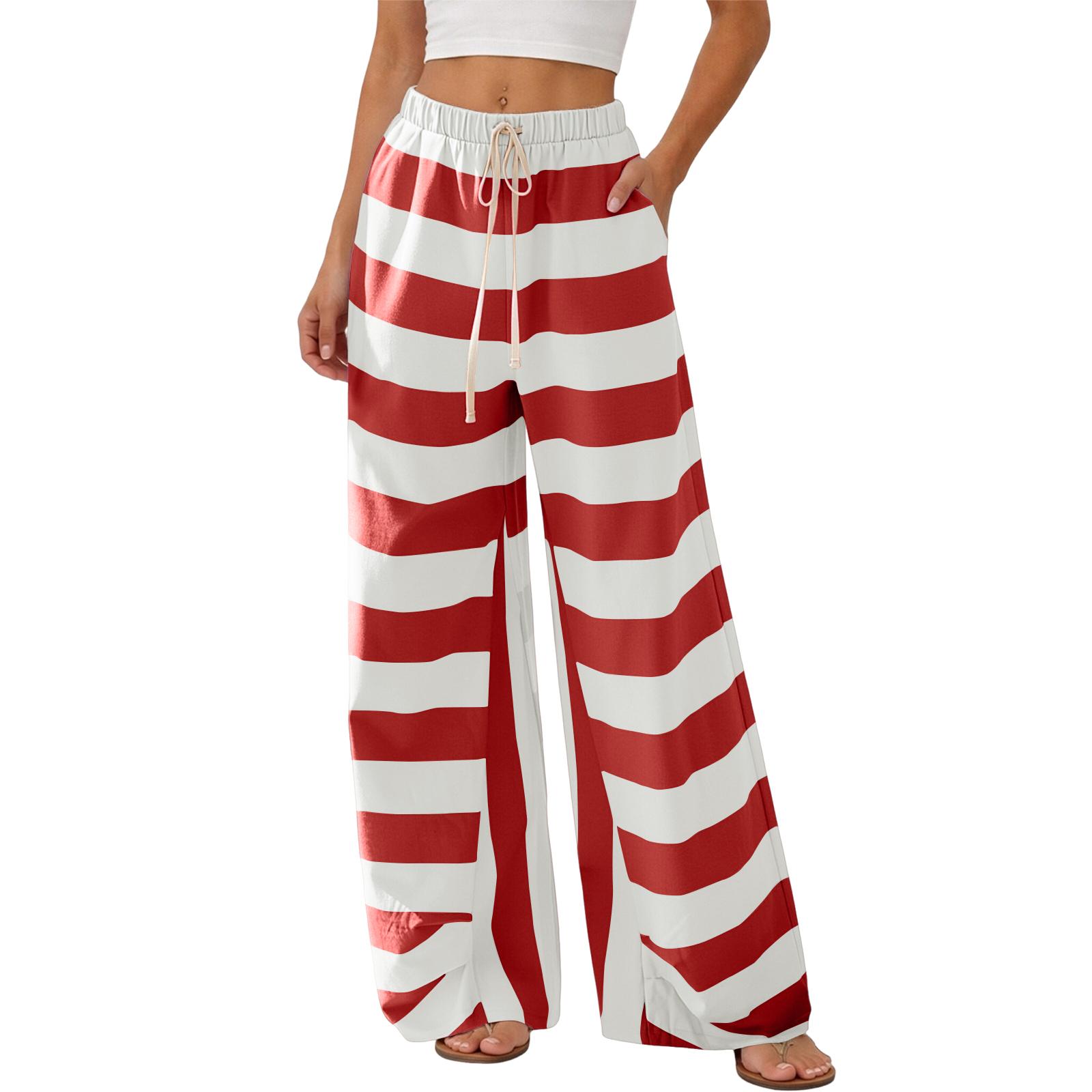 

Women’s Wide Leg Striped Drawstring Waist Pants Loose Fit High Waist Casual Trousers with Elastic Waistband for Daily Wear S