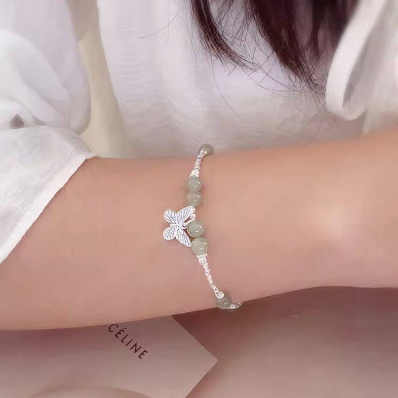 Dream Back Butterfly Jade & Silver Bracelet - Chinese Style, Sweet and Versatile.