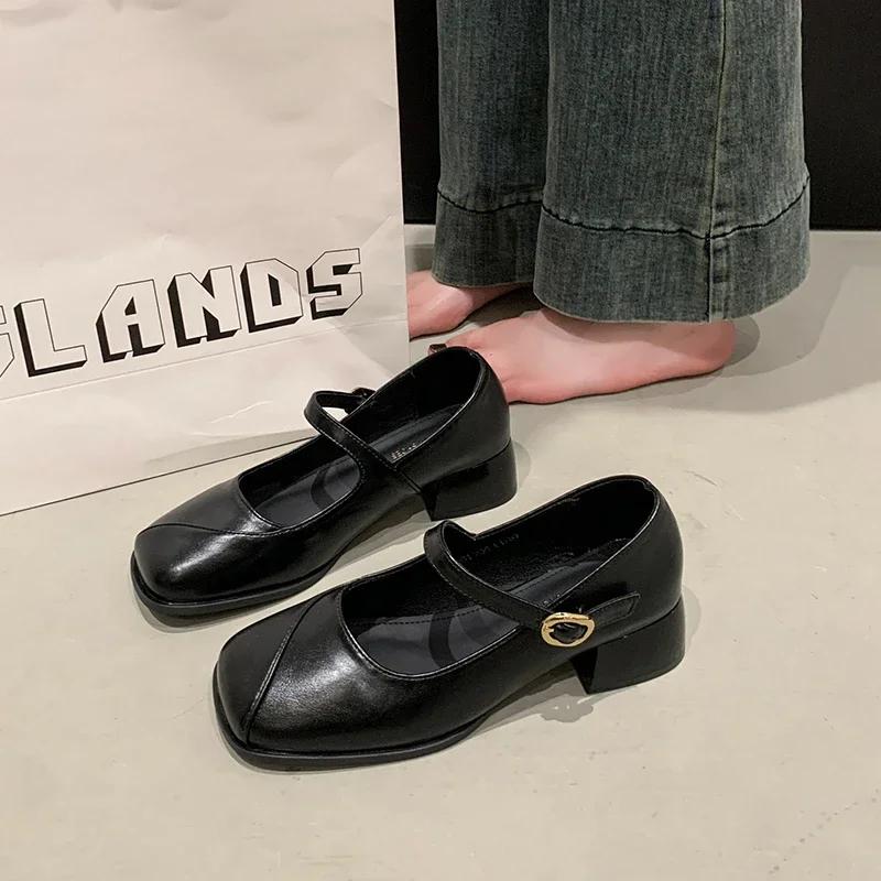 Design Office Lady Pumps Shoes Casual Thick Heel Buckle 2025 Spring Autumn Female Square Toe Mary Jane Shoes