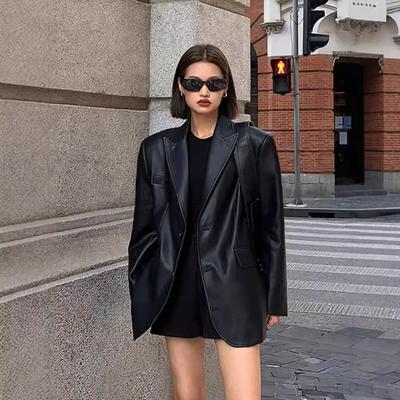 Women Black Brown Soft PU Blazer Shoulder Pads Long Sleeve Single Breasted Loose Casual Jacket Tops Korean Fashion Coat