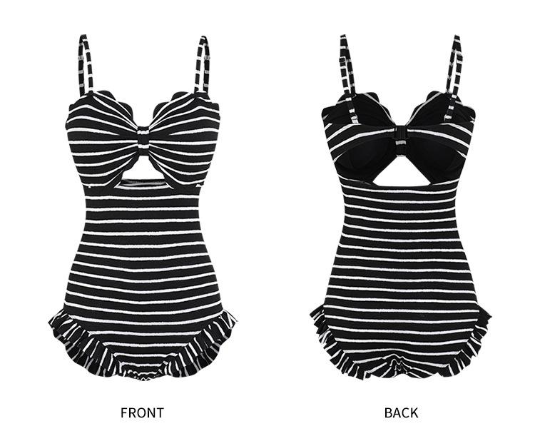 Korean Style Striped Slimming One-Piece Swimsuit for Women - Tummy Concealing, Push-Up for Small Busts, Beach Vacation Swimwear