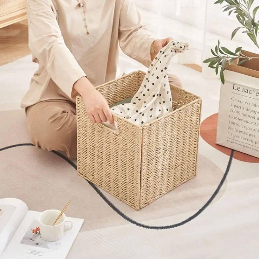 Large Capacity Imitation Rattan Basket Square Sundries Organizer Woven Storage Bin Living Room