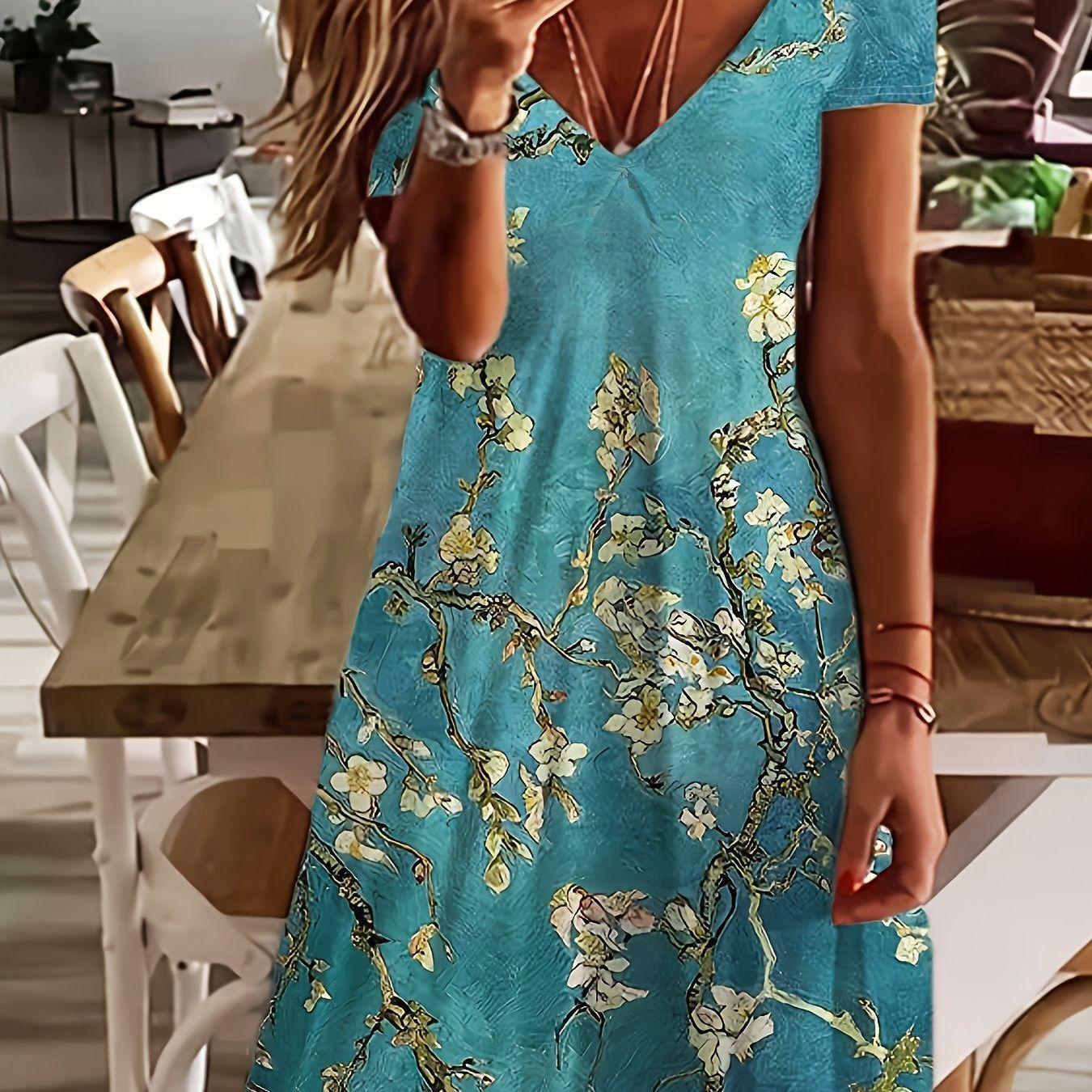 Plus Size Women s V-Neck Printed Short-Sleeve Dress 2XL