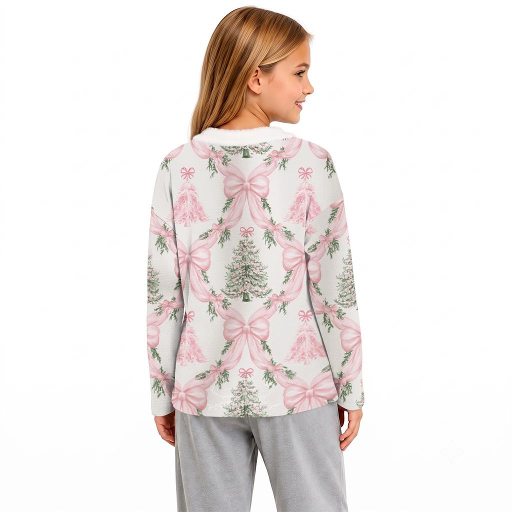 Girls V-neck Casual Top with Christmas Print Winter Holiday Pullover for Kids