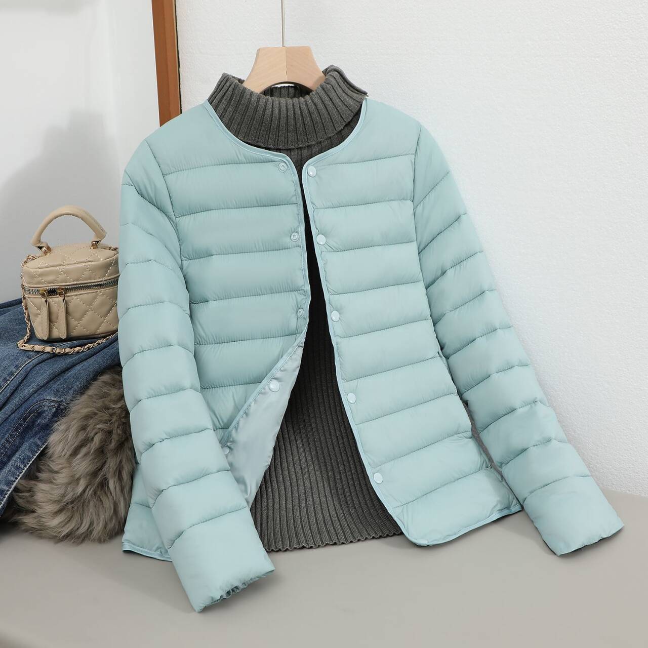 

Осенне-зимняя легкая хлопковая одежда Женская короткая универсальная одежда для дома Теплая подкладка для одежды Круглый вырез Облегающая одежда на хлопковой подкладке 5XL аква голубой