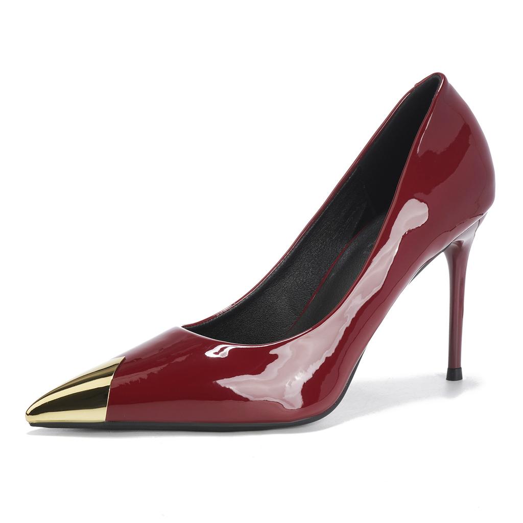 [Spot] French Burgundy Sexy Autumn and Winter New Pointed Metal Head High Heels Temperament Stiletto Shoes