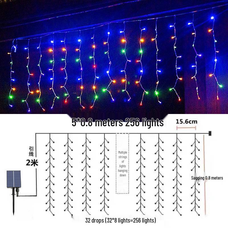 Solar LED Color Waterfall Curtain Lights - Outdoor Waterproof Decorative Christmas Icicle Lights