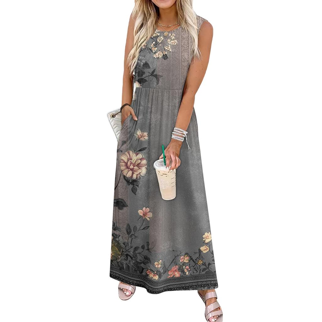 Ladies' Floral Print Casual and Fashionable Waist Cinched Sleeveless Dress