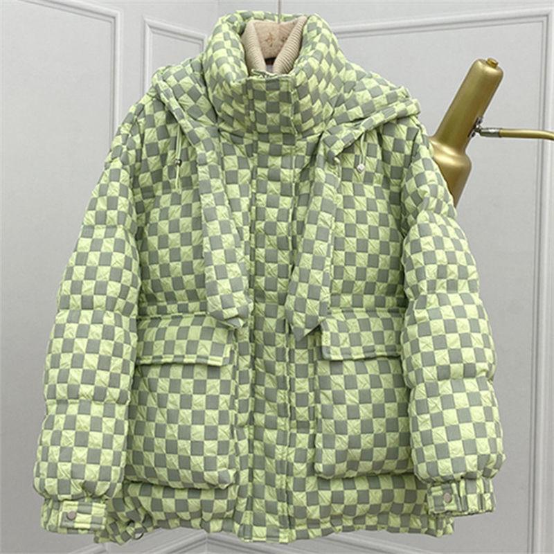 New Checkerboard Down Jacket Women's Short Hooded Loose Thickened White Duck Down Jacket Trend