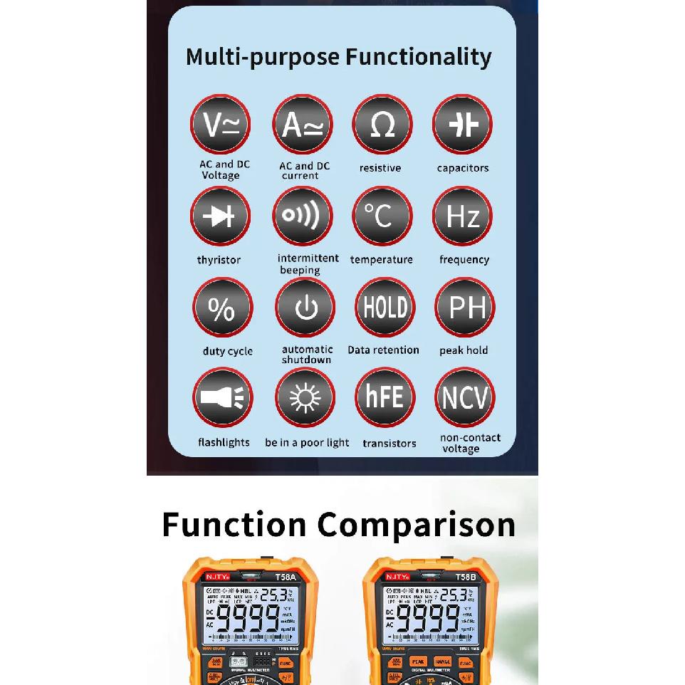 NJTY Digital Multimeter 9999 Counts Multimetro AC/DC Leakage Current Tester 100mF Capacitance Professional Electrician Tools