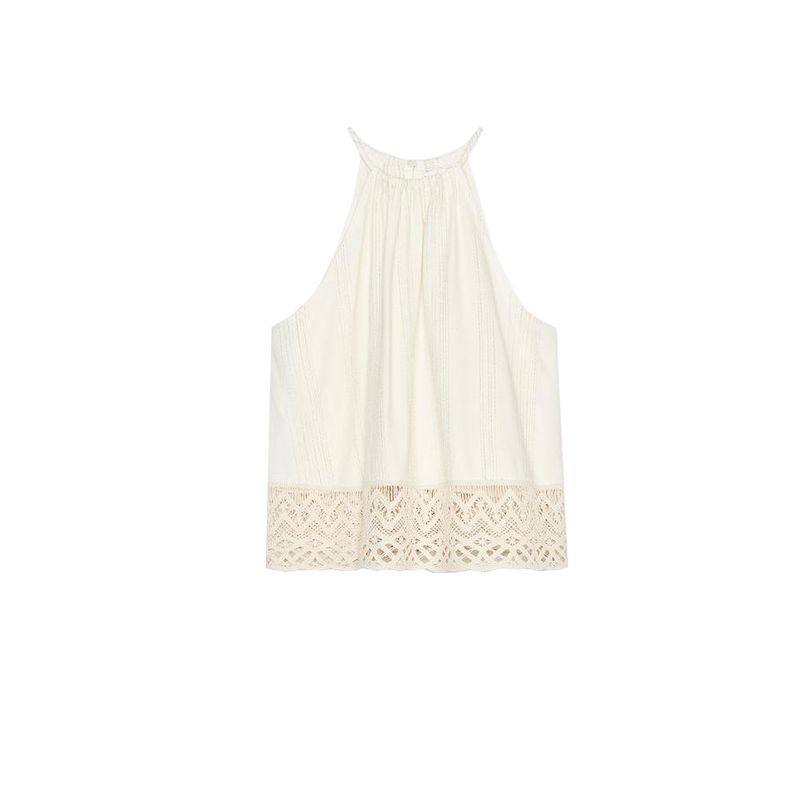 Vacation Style Back Slit Tops 3564123 Linen Blend Pleated Wide Leg Casual Trousers 3479848