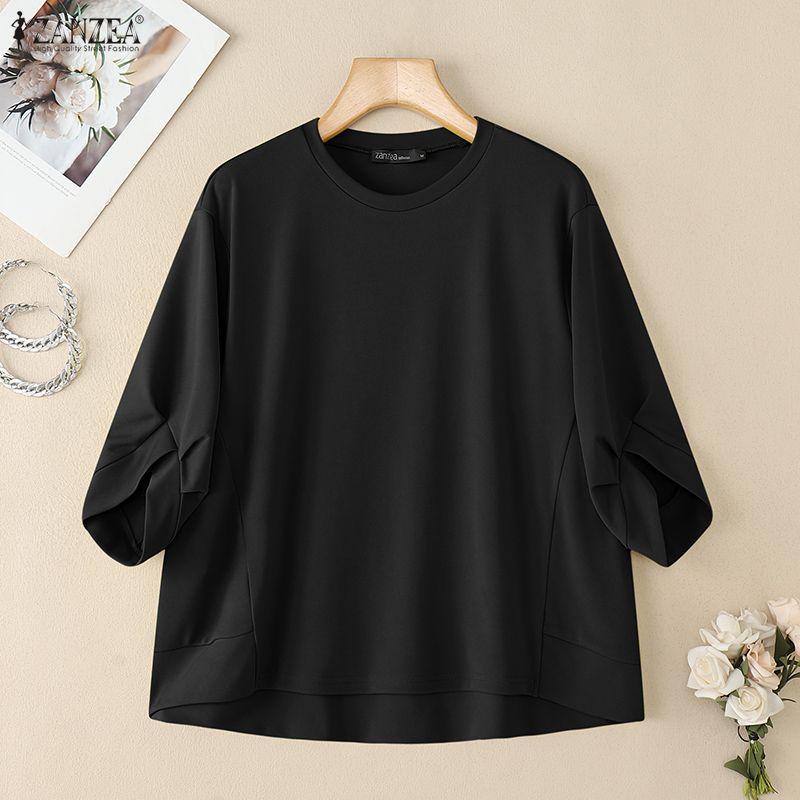 ZANZEA Women Casual Round Neck Solid Color 3/4 Sleeve Loose T-Shirts