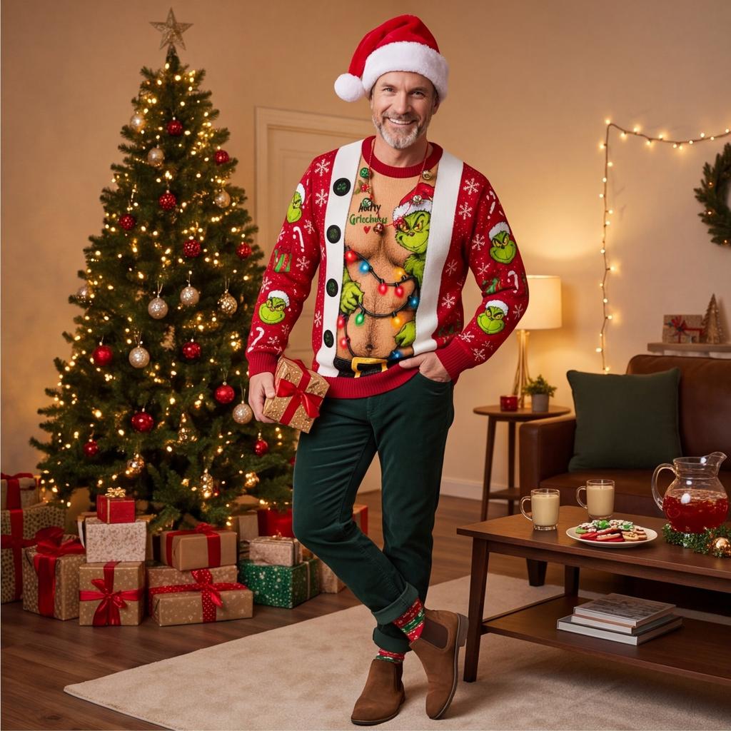 Men's Christmas Sweater Neck Knit Print Pullover for Fall and Winter