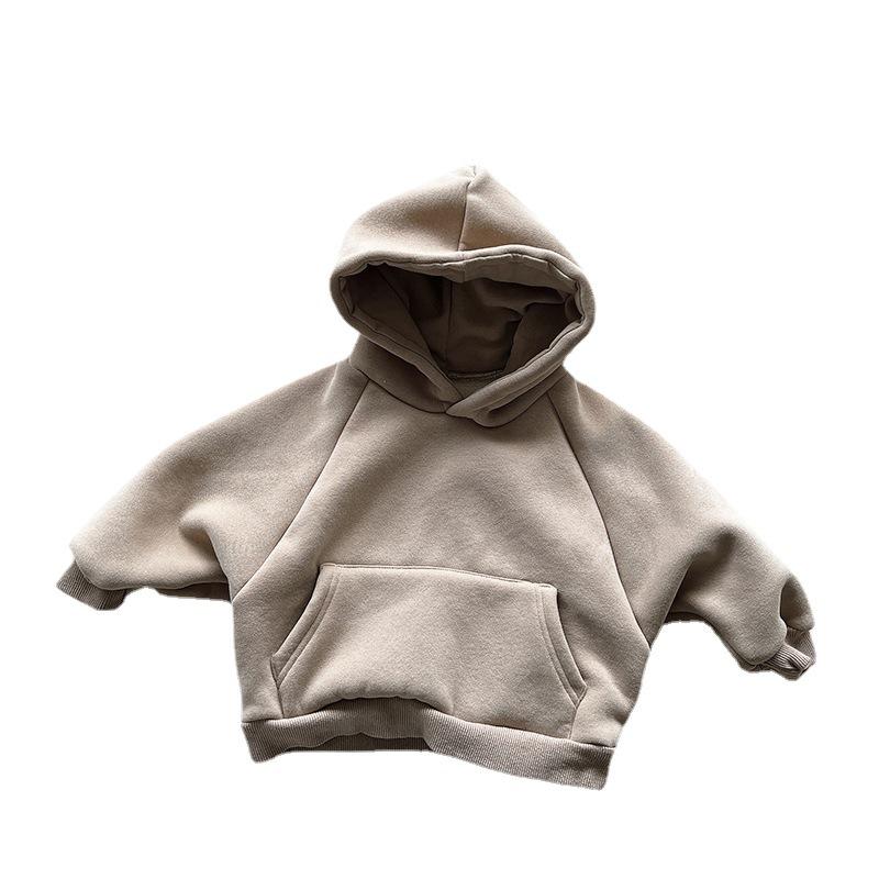 Kids Solid Color Warm Fleece Lined Hooded Pullover Sweatshirt For Boys And Girls