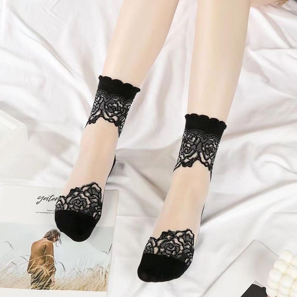 3 Pairs Lace Women Socks Spring Summer  Floral Lace Transparent Mesh Socks With Rose Flowers Breathable Casual Girls Stockings