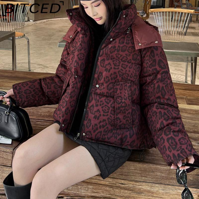 BITCED Short-Length Leopard Print Cotton Jacket for Women with Hood Minimalist Fashion Design, Oversized Fit, Unique Style Cotton Coat