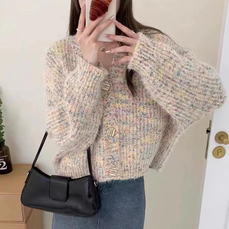 Vintage soft waxy knitted cardigan top women's spring new loose design color dot sweater jacket