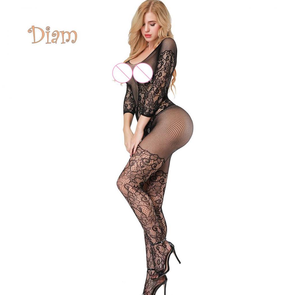 Lollipops Embroidery Hollow Mesh Crotchless Women Bodystocking Sexy See-through Bodysuit