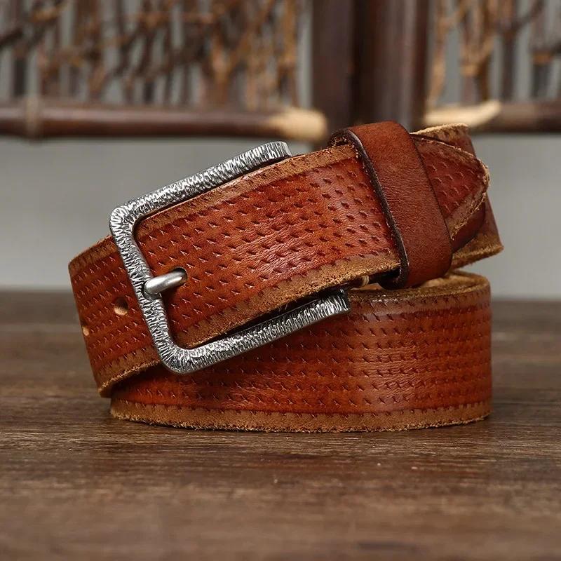 3.8CM Pure Cowhide High Quality Genuine Leather Belts for Men Brand Strap Male Stainless Steel Buckle Fancy Vintage Jeans Cowboy