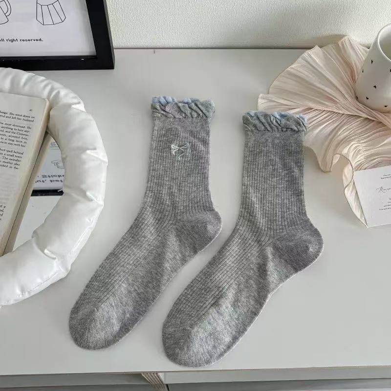 Bow Socks Women'S Mid-Tube Socks Spring And Autumn Cotton Socks Girl Cute White Ballet Style Spring Stockings