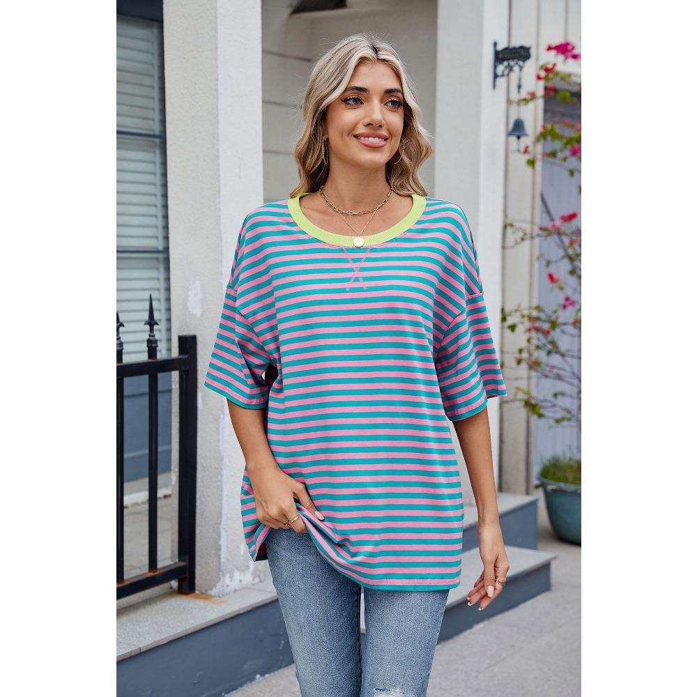 Frühling und Sommer Neues Damen Gestreiftes Kontrast-Lose Kurzarm-T-Shirt