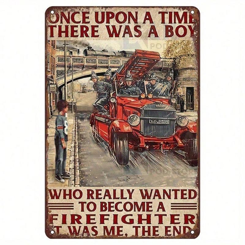 Litom Fire Truck Metal Tin Sign - Vintage Retro Rustic Wall Decor for Garage Bar Cafe, Firefighter Fire Engine Unique Gift for H