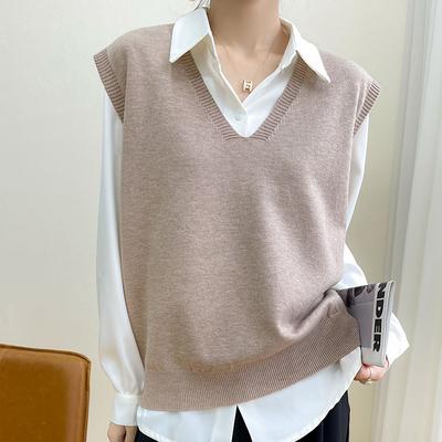 Herbst Damen Strickweste Koreanische Version V-Ausschnitt Einfarbig Pullover, Lässiger Schulterfreier Ärmelloser Pullover