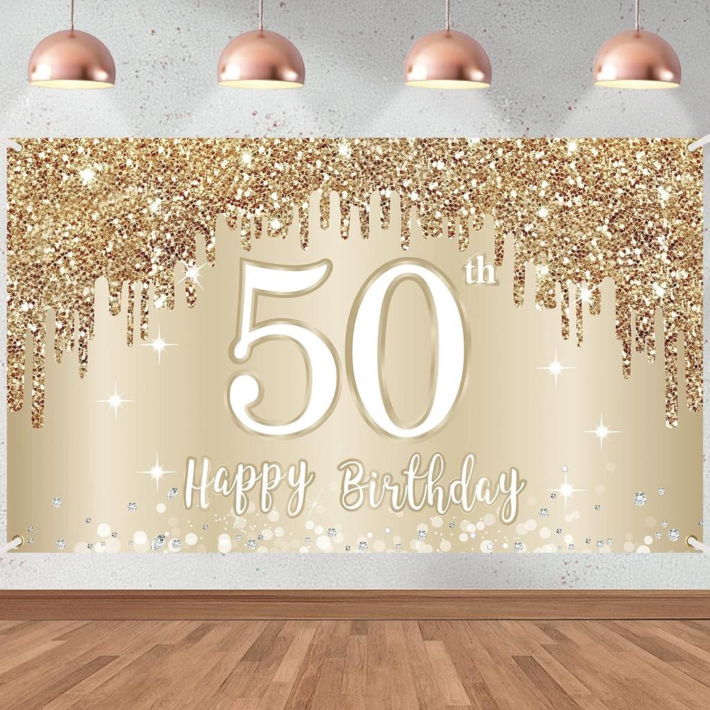 Gold White Happy Birthday Banner Decorations for Women Girls, Gold Glitter Happy Birthday Backdrop Party Supplies, 16th 18th 21st 30th 40th 50th 60th