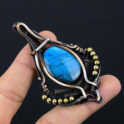 Labradorit-Edelstein, reiner Kupferdraht, umwickelt, handgefertigter Designer-Anhänger, Schmuck, Geschenk