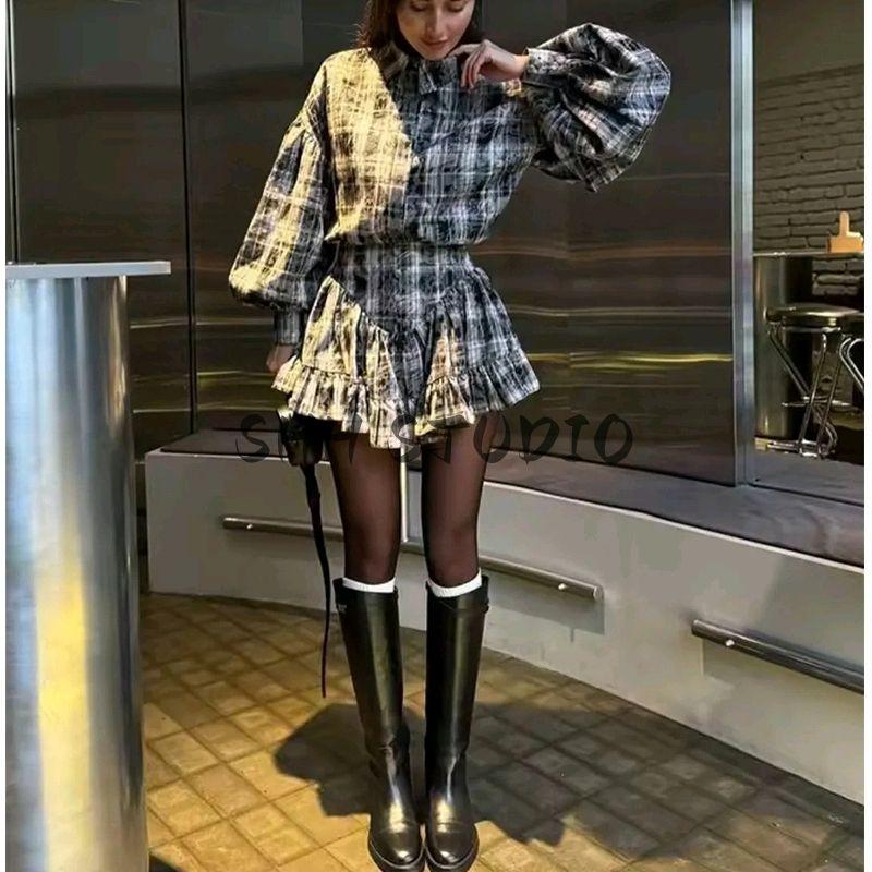 Spring and Summer New Women's Clothing Ins Style Decorated Row Button Lapel Long Sleeve Shirt Tops + Ruffles Skirt Outfit