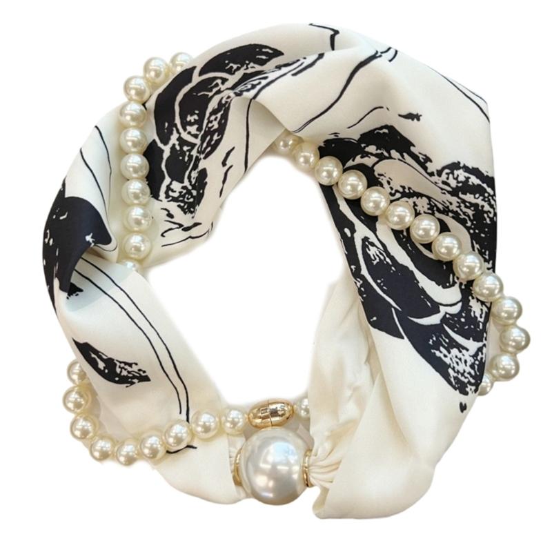 Magnetischer Verschluss Perlenkettenhalskette Florales Satintuch Elegantes Seiden-Schmales Halstuch für Modebewusste Frauen