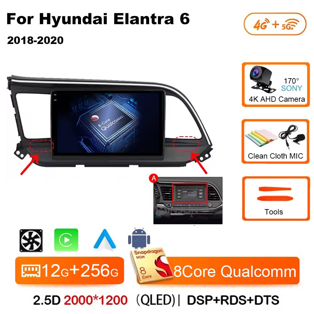 For Hyundai Elantra 6 2018 2019 2020 Car Radio Multimedia Video GPS Android 14 Wireless Apple Carplay QLED Screen Head Unit