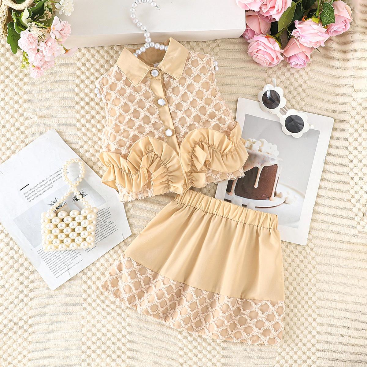 

2PCS Girls Lace Ruffle Trim Vest & Skirt Set, Button-Down Sleeveless Top + A-Line Skirt, Casual Outfit for 2-7Y 7Y абрикосовий