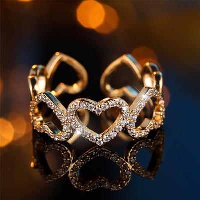 Cute Female Love Heart Open Gold Color Wedding Rings Promise Adjustable Engagement Jewelry For Women