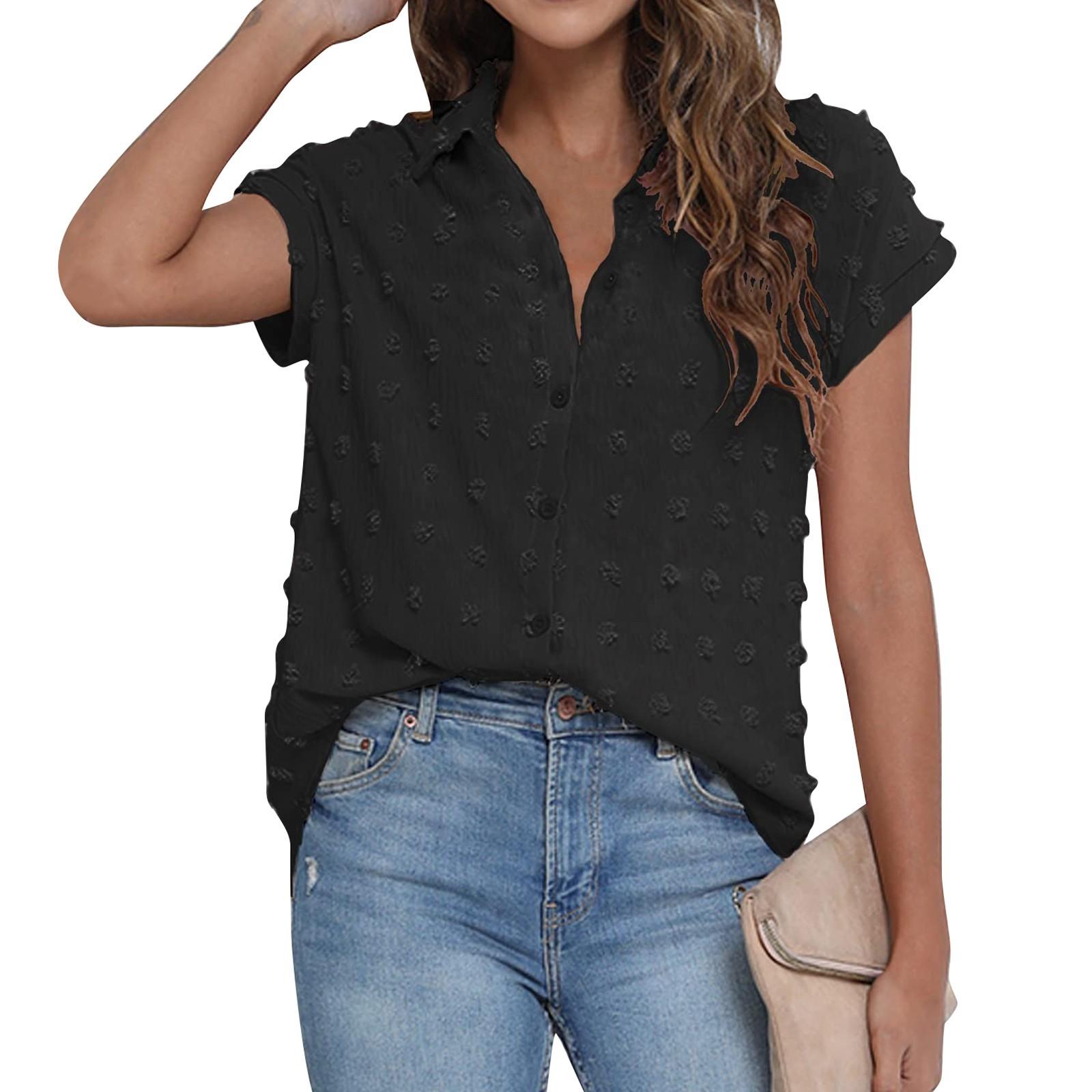 

Женская свободная футболка с коротким рукавом из шифона с застежкой на пуговицы и кардиганом L чёрный