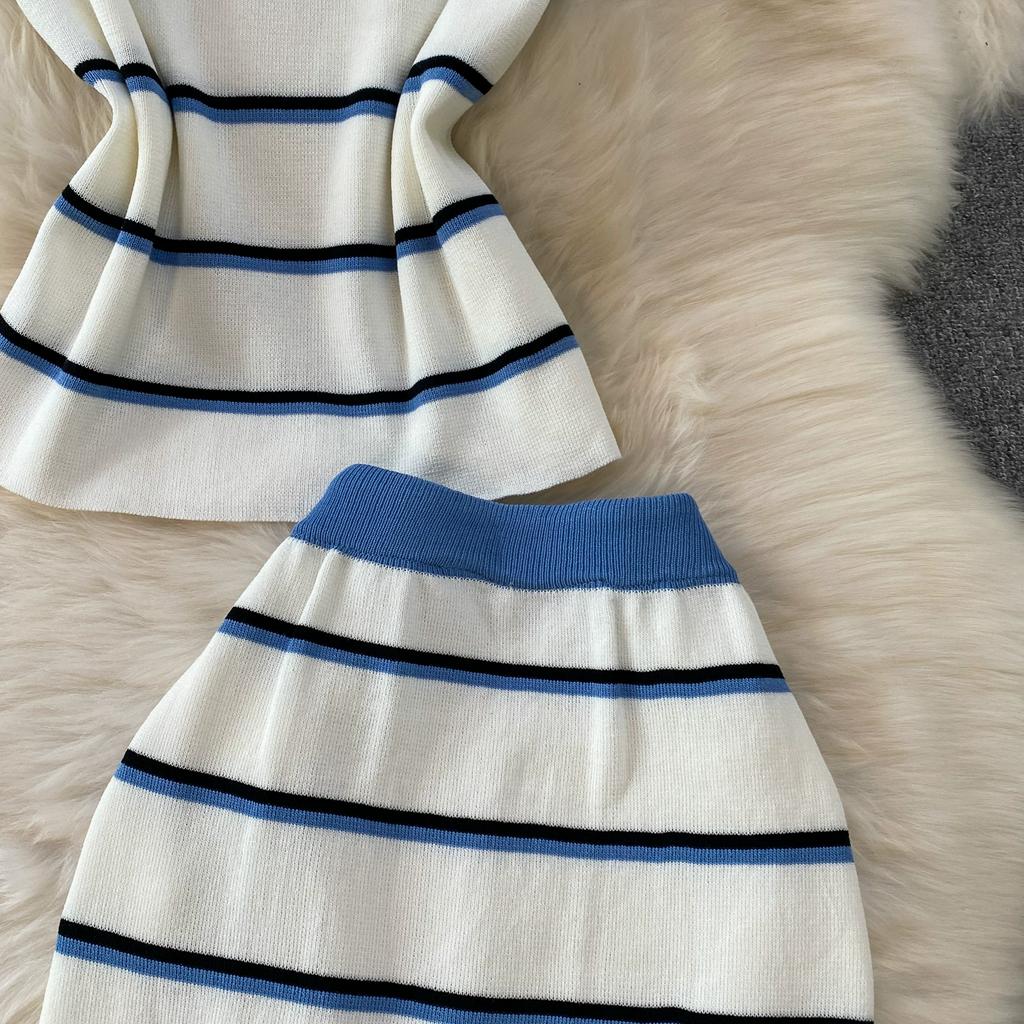Casual Striped Crew-Neck Sleeveless Knit Top and High-Waisted Slimming Bodycon Midi Skirt Sets Summer Knitted Two Piece Sets for Women
