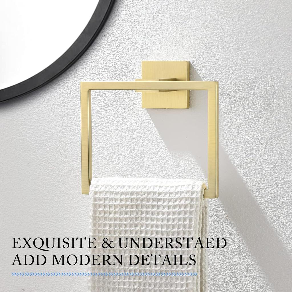 TQKAG Brushed Gold Towel Ring Bathroom Hand Towel Holder Stainless Steel Square Towel Bar Hangers Wall Mounted