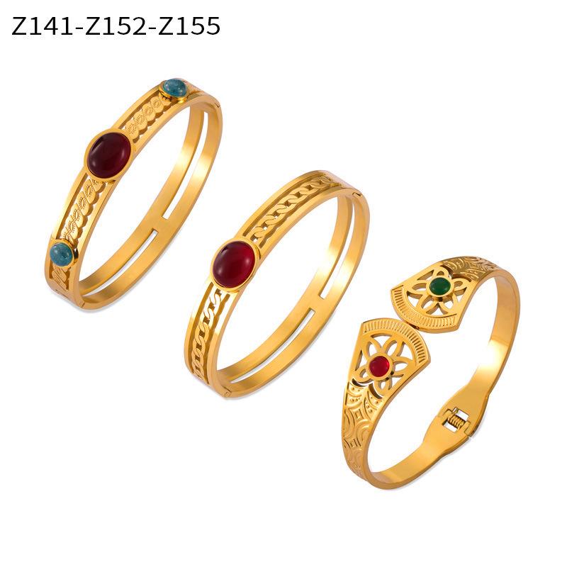Retro Gold-Plated Titanium Steel Bracelet with Inlaid Natural Stone and Hollow Design for Women