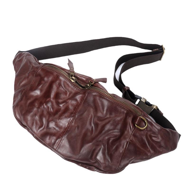 Real Leather Men's Large Chest Bag, Vegetable Tanned Leather Crossbody Bag, Top Layer Cowhide, Outdoor Leisure, Retro Pleated, Vintage Fashion