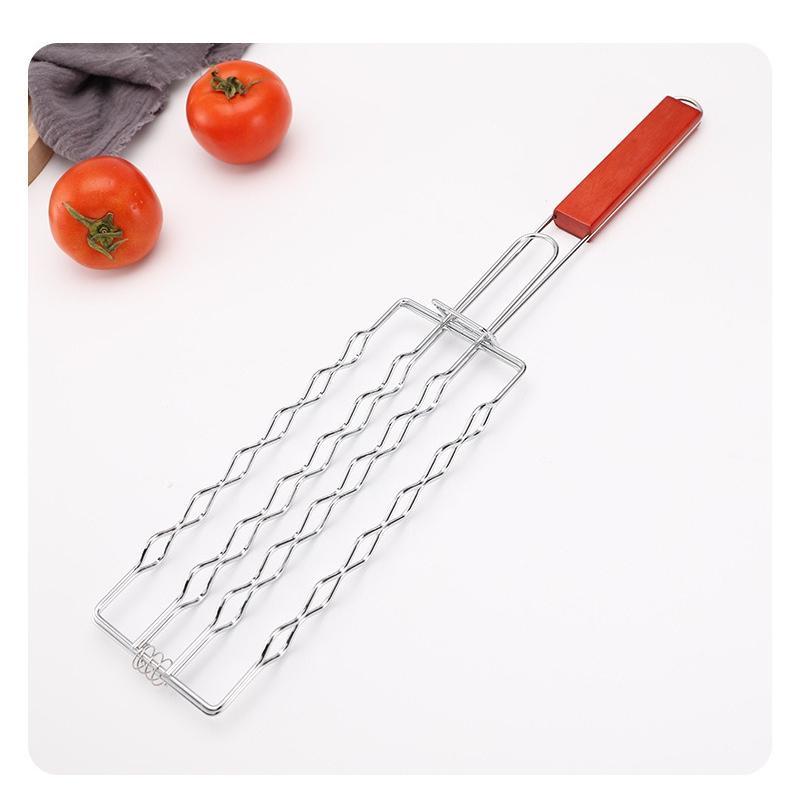 Outdoor Wooden Handle Hot Dog Barbecue Clip, Non Stick Ham Sausage Barbecue Net, Multifunctional Camping BBQ Tool