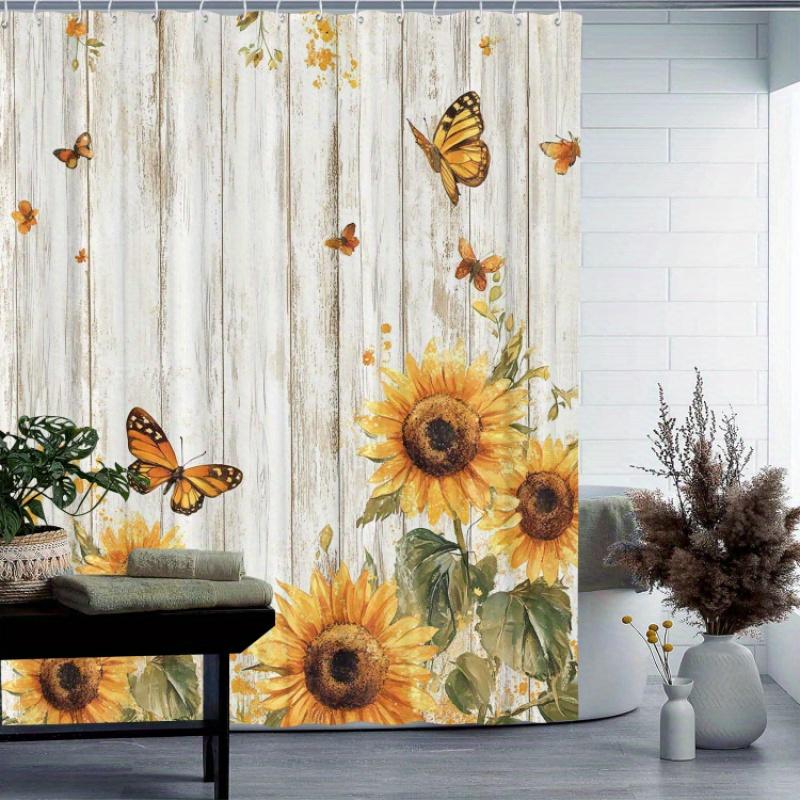 Sunflower And Butterfly Pattern, Artistic Graphic Print, Machine Washable Bathroom Curtain - Animal Themed Decorative Accessory