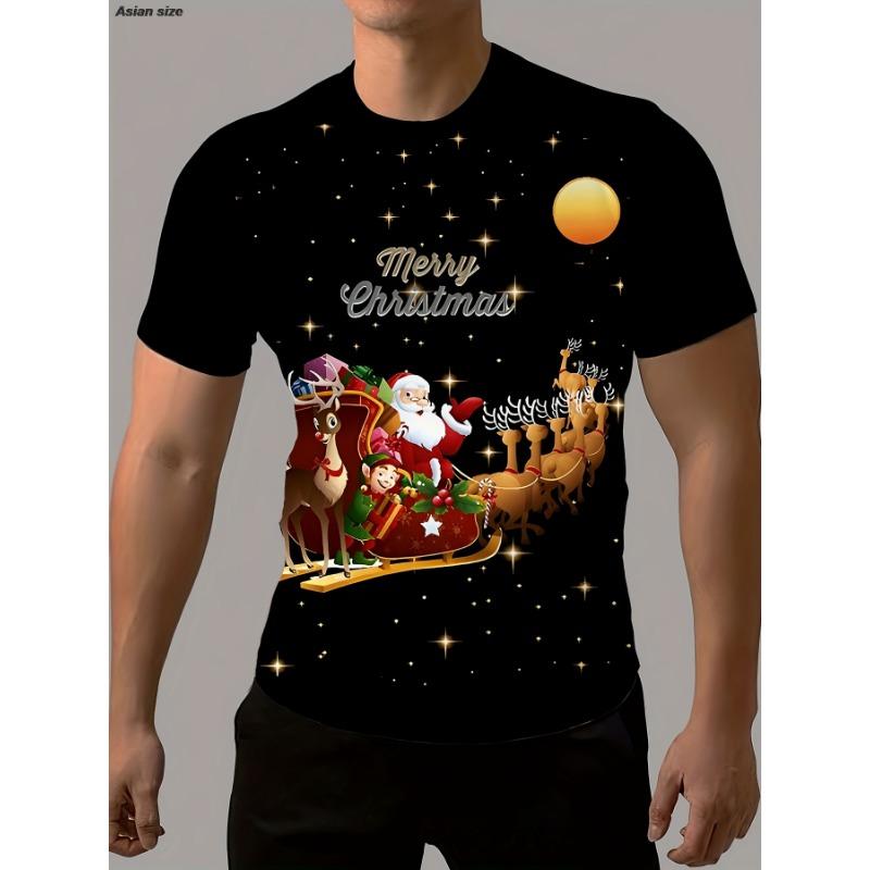 Herren Weihnachts-T-Shirt mit Weihnachtsmann & Schneemann Print, Festliches Oberteil, Lustiges Freizeit-T-Shirt, Perfektes Geschenk für den Weihnachtswichtel