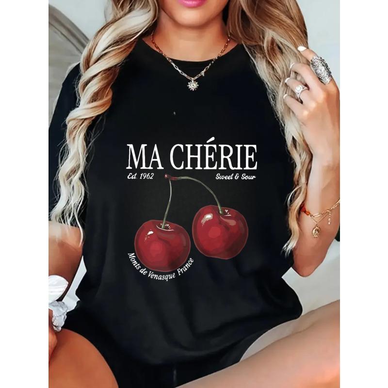 Oversized T Shirt Black Cherry Print Ma Cherie Sweet And Sour Text Women Casual Summer Wear