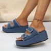 Women's Denim Camouflage Wedge Sandals, Buckle Design Open Toe Summer Shoes, Casual Outdoor Vacation Beach Slide Sandals