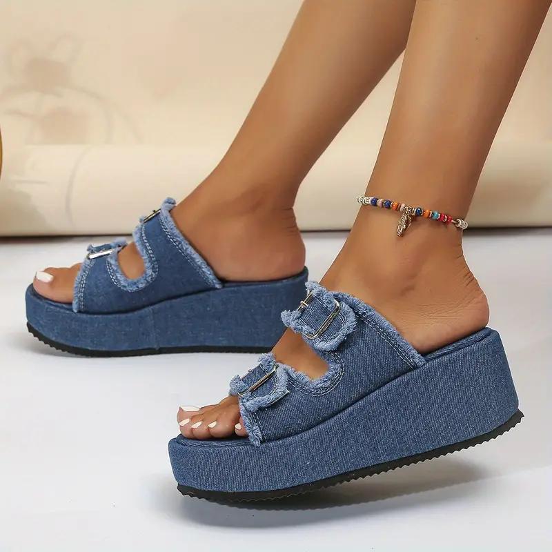 Women's Denim Camouflage Wedge Sandals, Buckle Design Open Toe Summer Shoes, Casual Outdoor Vacation Beach Slide Sandals